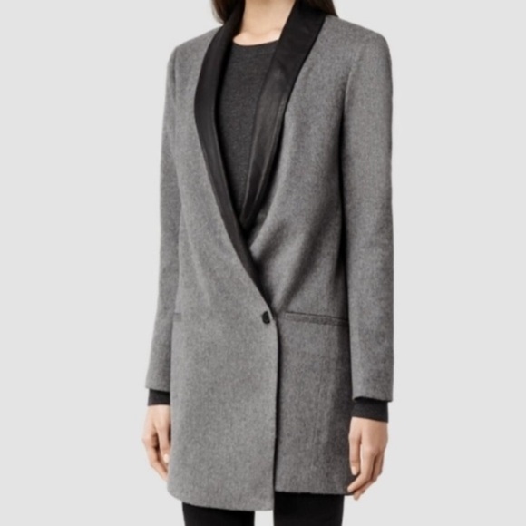 Allsaints Women’s Aiva Sabina Wool Leather Blazer Jacket Grey Size 0 Business - Picture 1 of 9